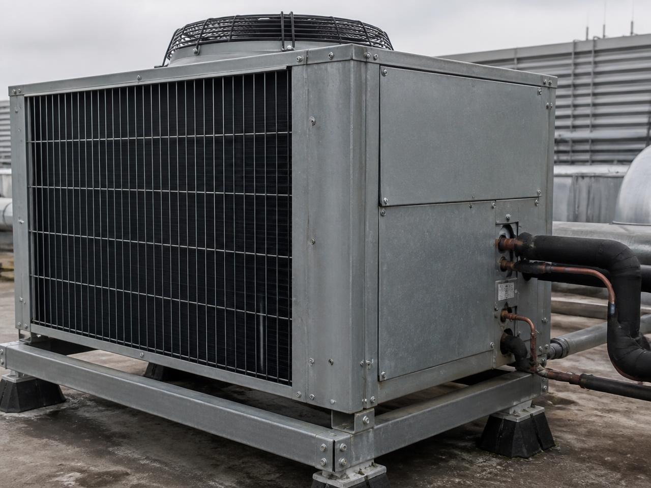 Protectively coated commercial air-conditioning condenser unit on a rooftop
