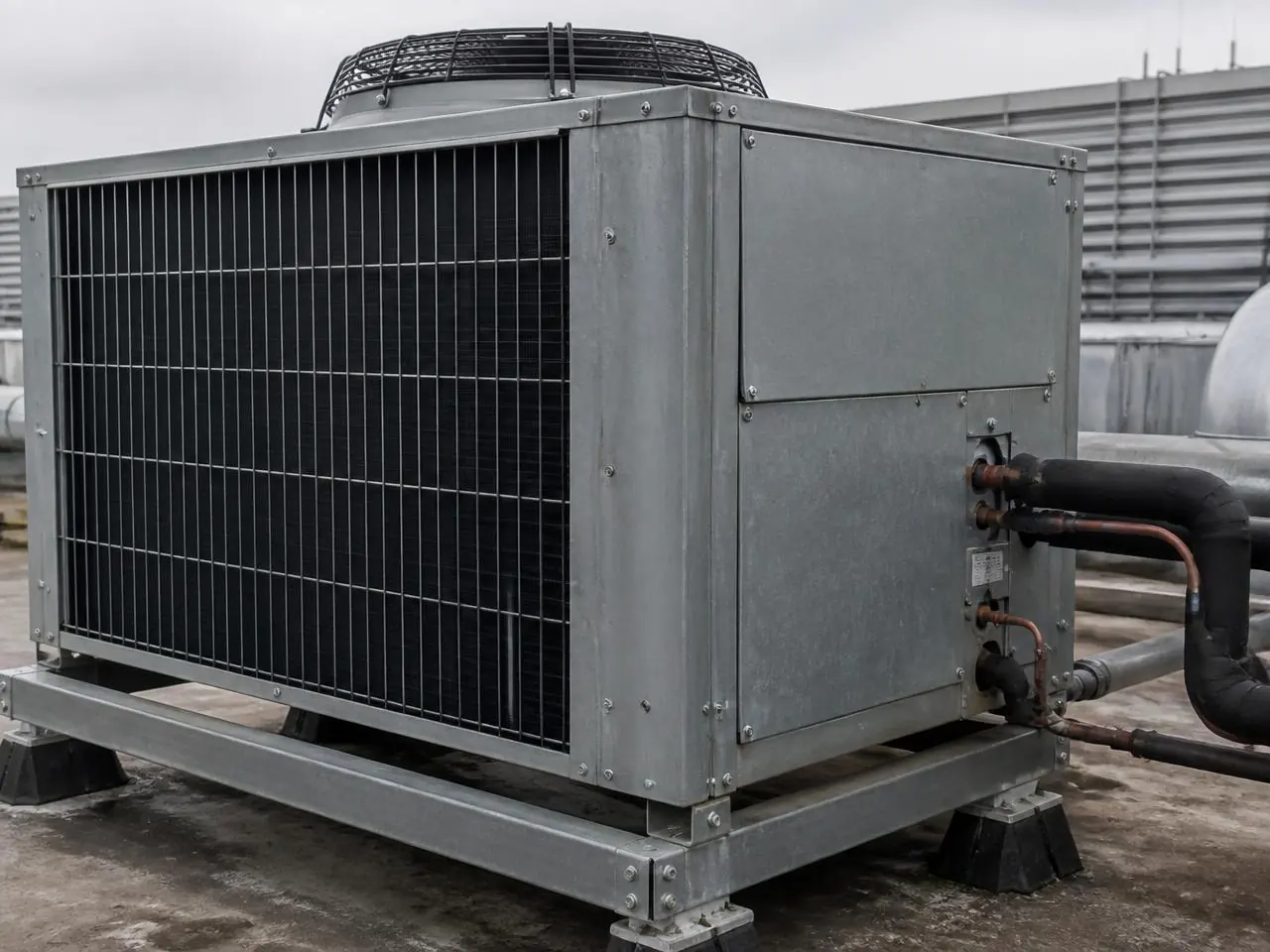 Commercial rooftop condenser unit with a dark protective-coated coil and fin pack behind a galvanised casing