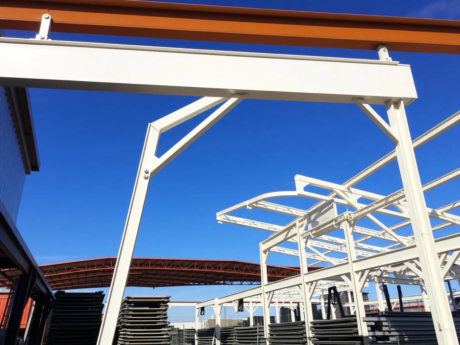 Fabricated steel trusses and structural framing in the workshop